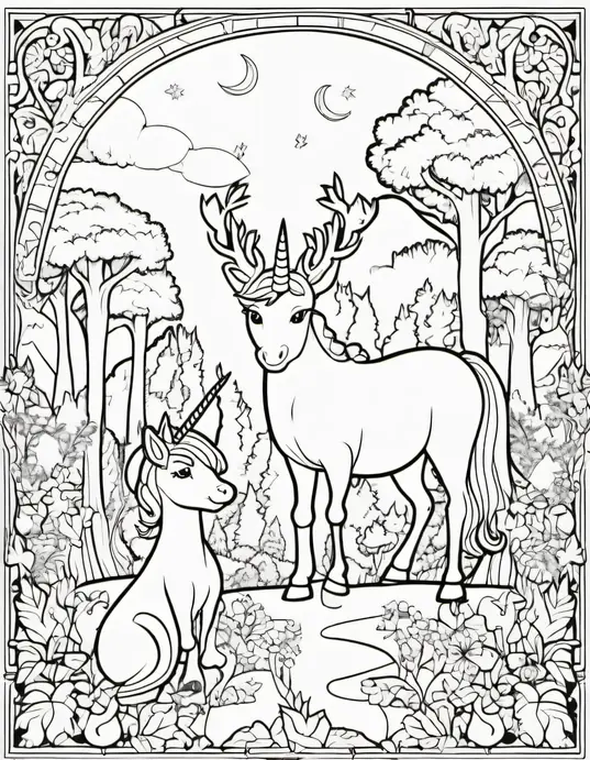 Enchanted Unicorn Forest Coloring Scene