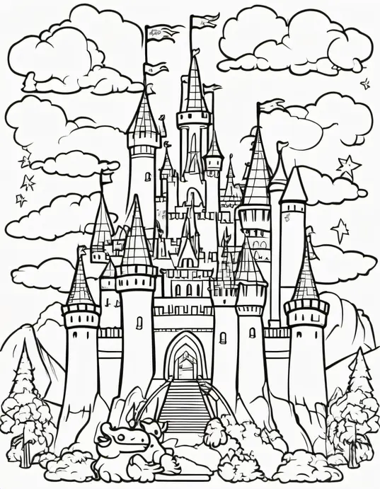 Magical Medieval Dragon Castle Coloring Page