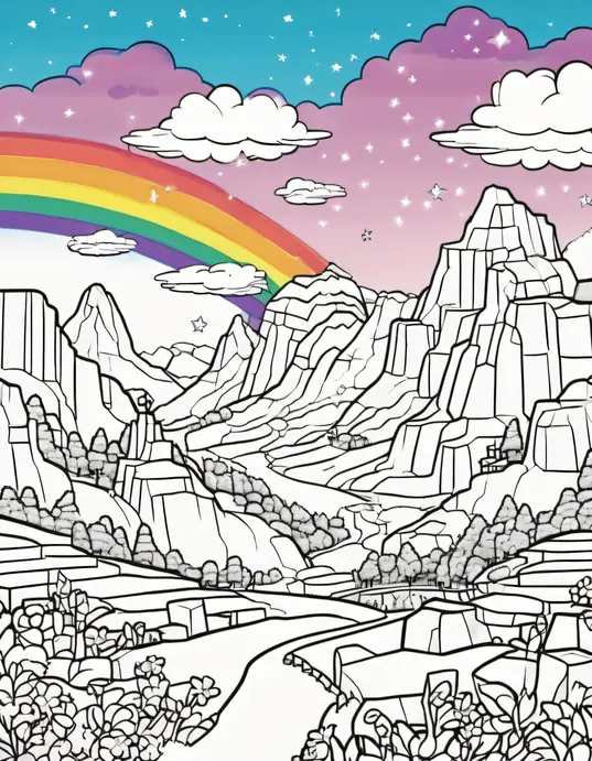 Minecraft Adventure Coloring Page: Creeper's Rainbow Valley
