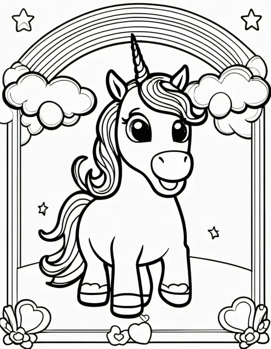 Heart-Shaped Rainbow Unicorn Coloring Page for Valentine's Day