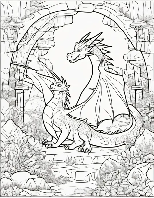 Anime-Style Dragon Cave Coloring Scene