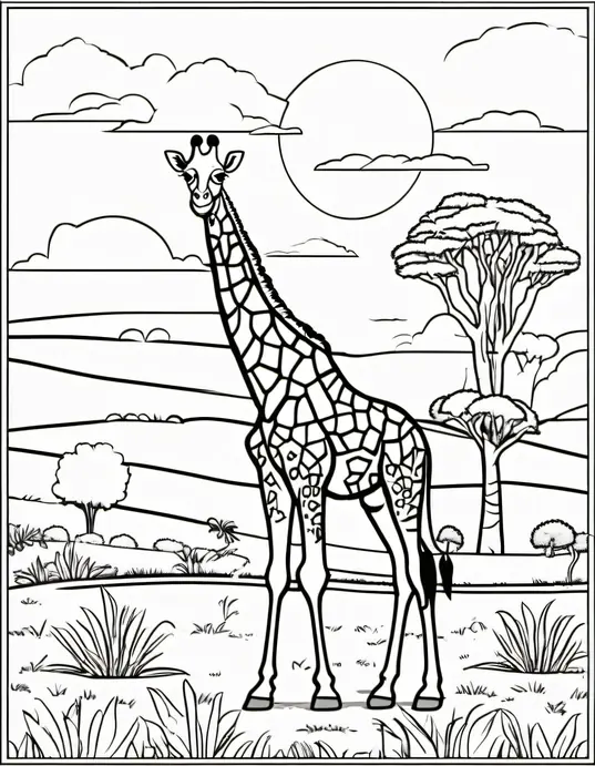 Explore Giraffe Coloring Page in Savannah Sunset
