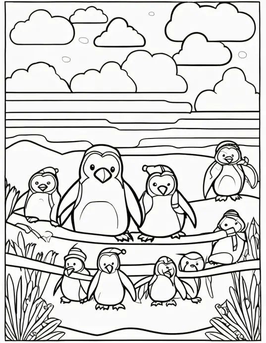 Penguin Party Coloring Scene for Kids