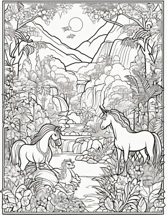 Color Magical Unicorn and Dragon Rainforest Scene