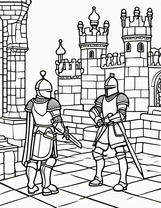Medieval Castle Coloring Page: Knights Playing Chess