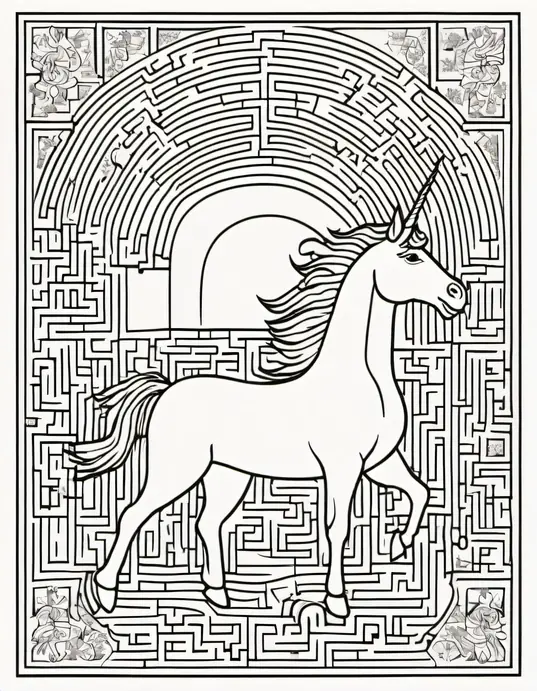 Colorful Rainbow Unicorn Maze Coloring Page