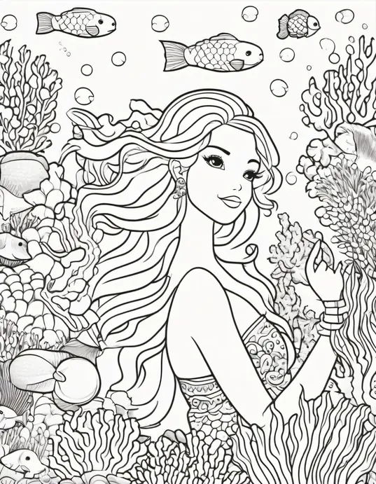 Kawaii Mermaid Ocean Coloring Scene