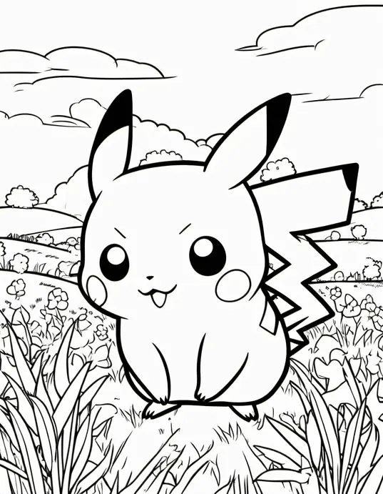 Pokemon Coloring: Catchy Pikachu in Grassland Scene