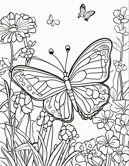 Butterfly Garden Coloring Scene for Kids