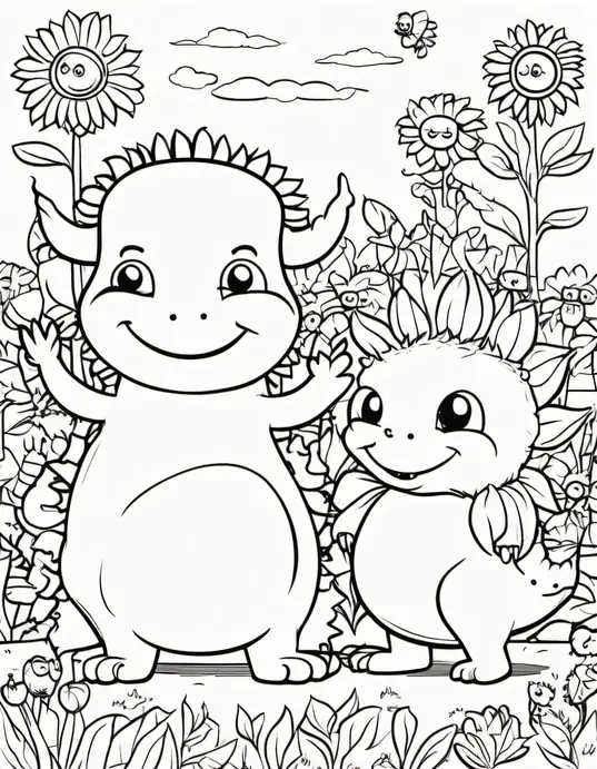 Coloring Scene: Cute Monster Garden Party