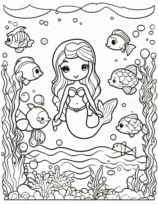 Kawaii Mermaid Underwater Coloring Scene