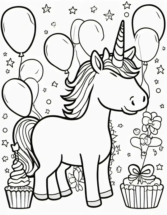 Unicorn Birthday Party Coloring Scene
