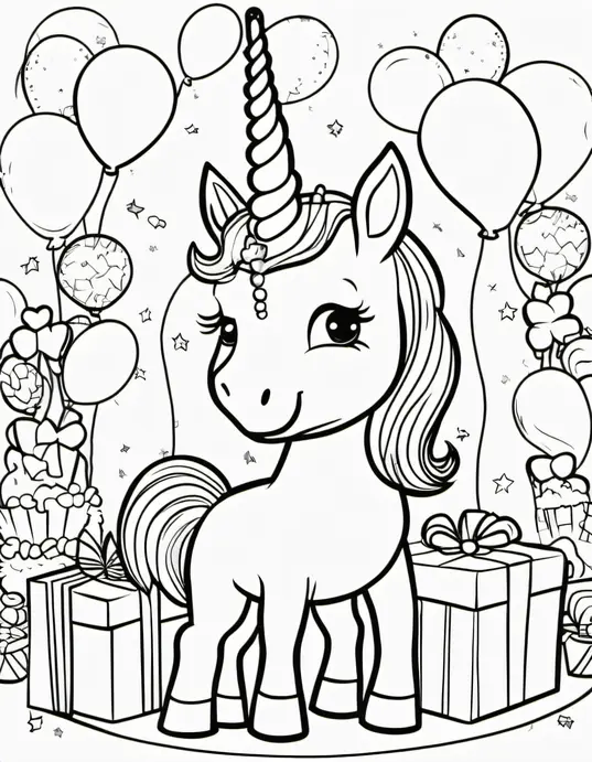 Unicorn Birthday Party Coloring Scene