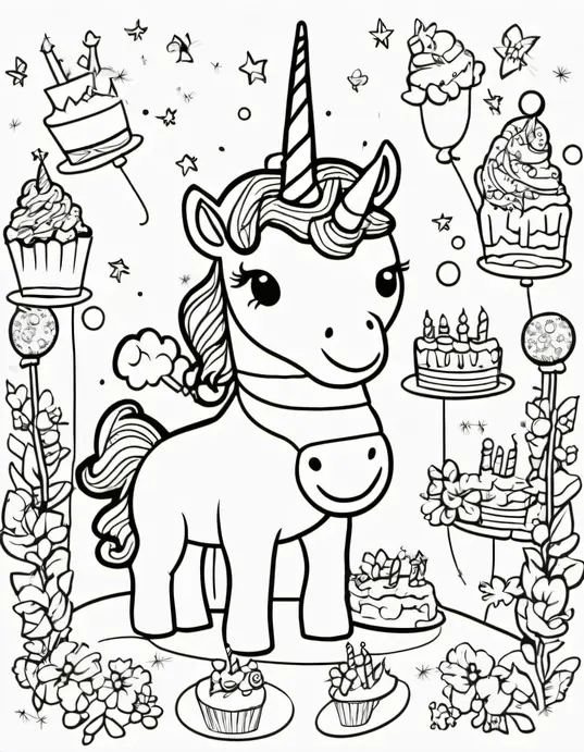 Unicorn Birthday Party Coloring Scene