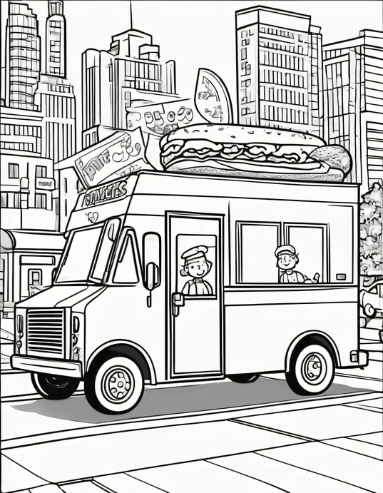 Colour-in Happy Fast Food Truck Playtime Scene