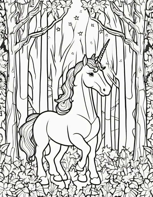 Enchanted Forest Unicorn Coloring Scene