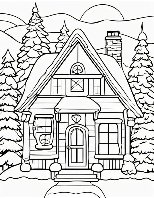 Santa's Snowy Cottage Coloring Page