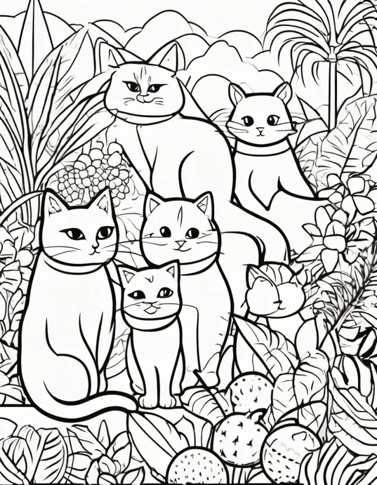 Whimsical Cat Jungle Coloring Scene