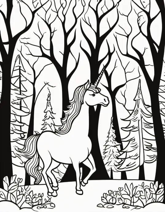 Explore Enchanting Forest of Unicorn Tree Coloring Page
