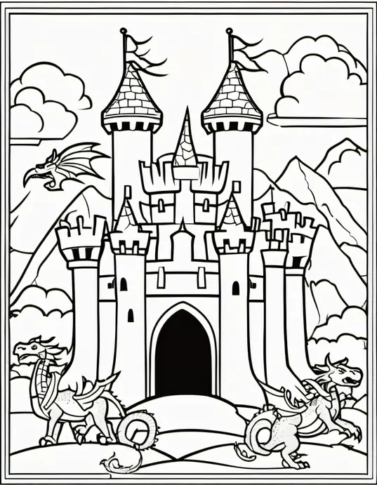Knightly Castle Coloring Page: Dragons & Knights Playtime