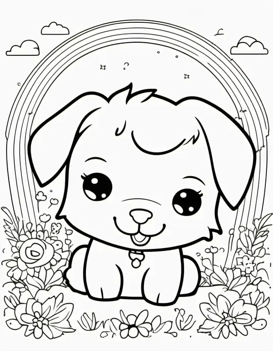 Pink Puppy and Rainbow Friends Coloring Scene