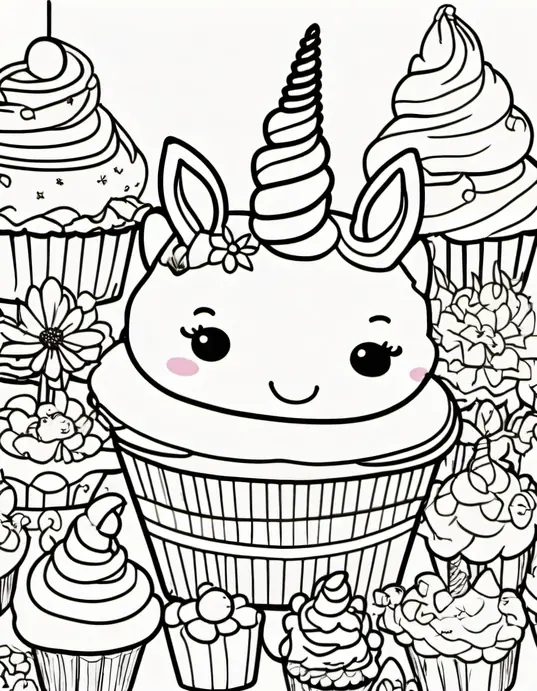 Colorful Unicorn Cupcake Garden Scene