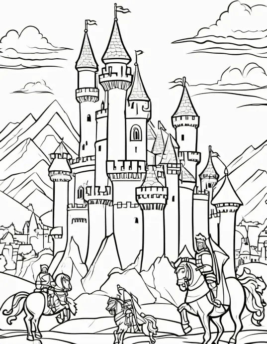 Medieval Castle Coloring Page: Dragons and Knights Adventure