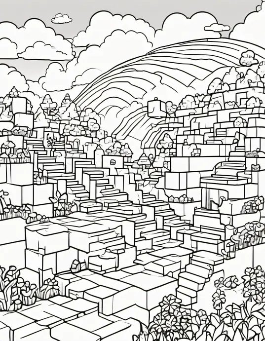Minecraft Adventure Coloring Page: Creeper's Rainbow Valley