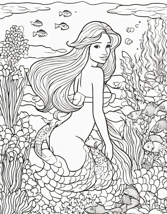 Colorful Underwater Mermaid Garden Scene