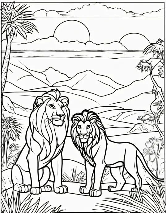 Lion King Coloring Page: Savannah Sunset Safari Scene
