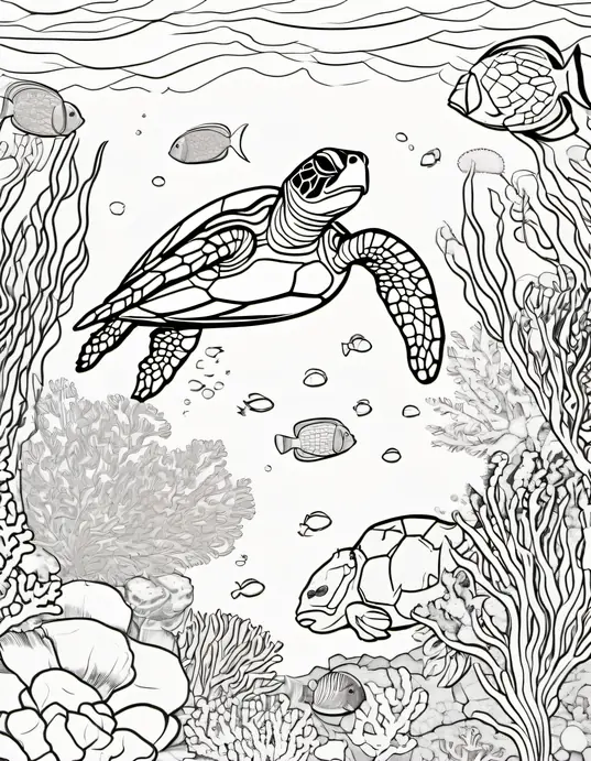 Underwater Turtle Coloring Scene