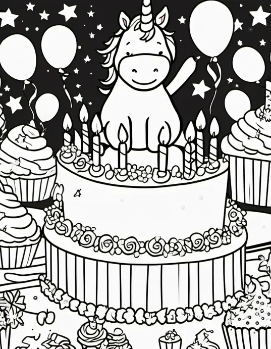 Unicorn-Themed Birthday Party Coloring Scene