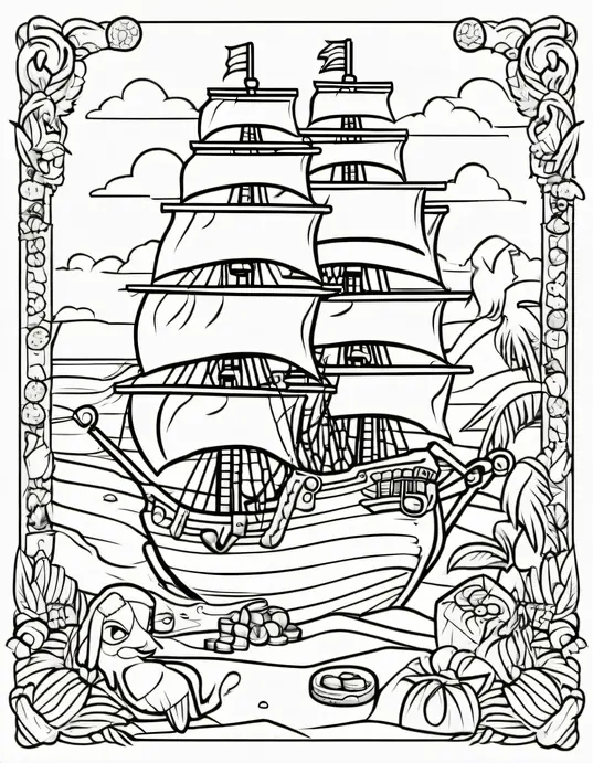 Pirate Treasure Island Coloring Scene for Kids