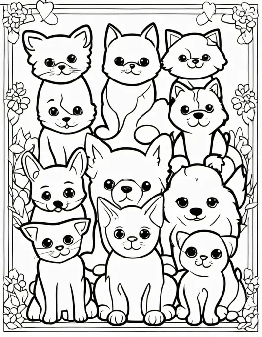 Puppies and Kittens Coloring Scene for Kids