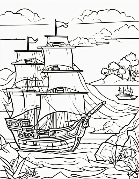 Pirate Treasure Island Coloring Scene for Kids