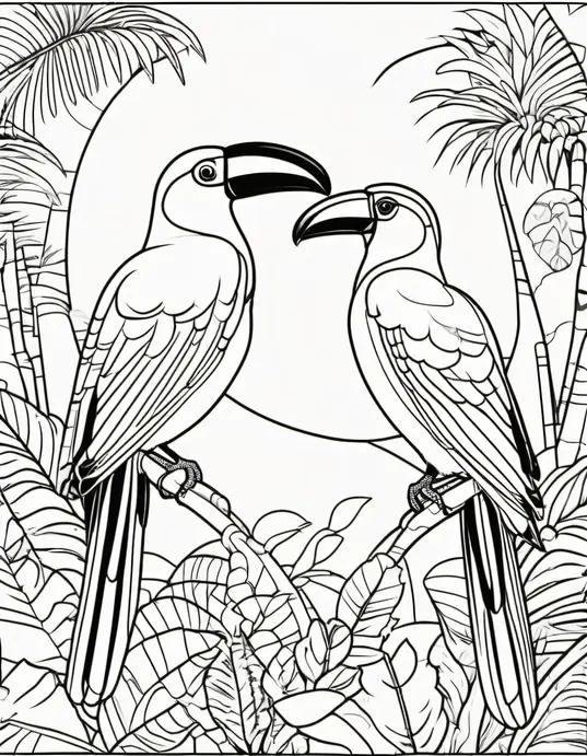 Exotic Jungle Coloring Page: Toucan and Parrot Friends