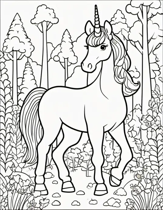 Kawaii Unicorn Forest Coloring Scene