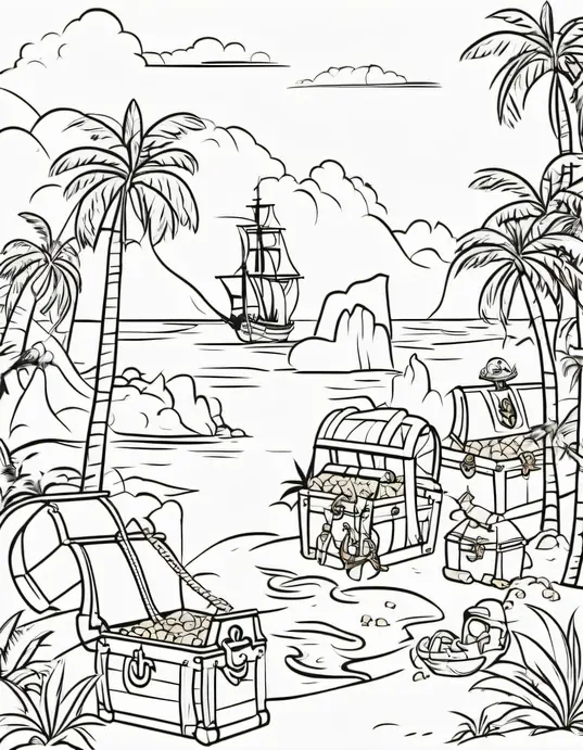 Pirate Treasure Island Coloring Scene for Kids