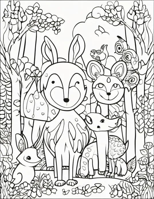 Explore Whimsical Forest Creatures Coloring Page