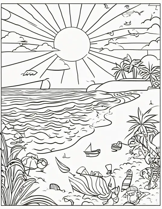 Sunny Day Beach Coloring Scene