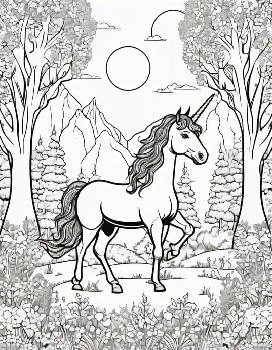 Enchanted Forest Coloring Page: Unicorn Meadow Adventure