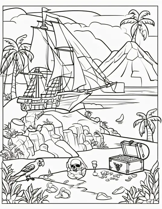 Pirate Treasure Island Coloring Scene