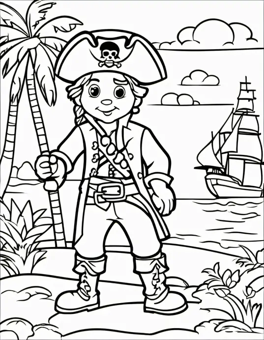 Pirate Treasure Island Coloring Scene for Kids