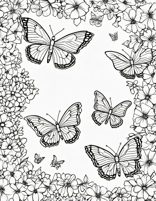 Butterflies Blossom Coloring Page for Spring Delight