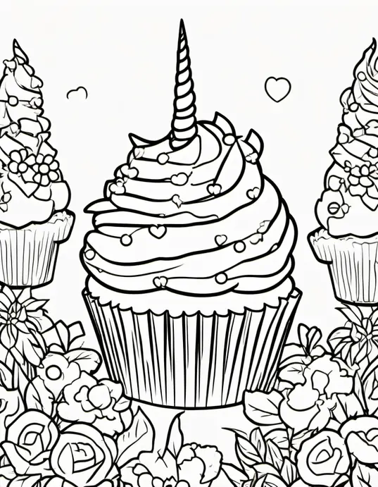 Colorful Unicorn Cupcake Garden Scene