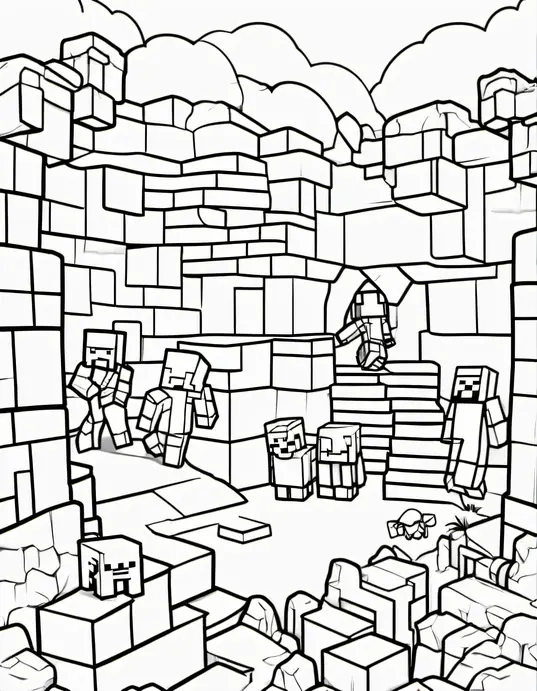 Minecraft Adventure: Coloring Cave Entrance and Creepers