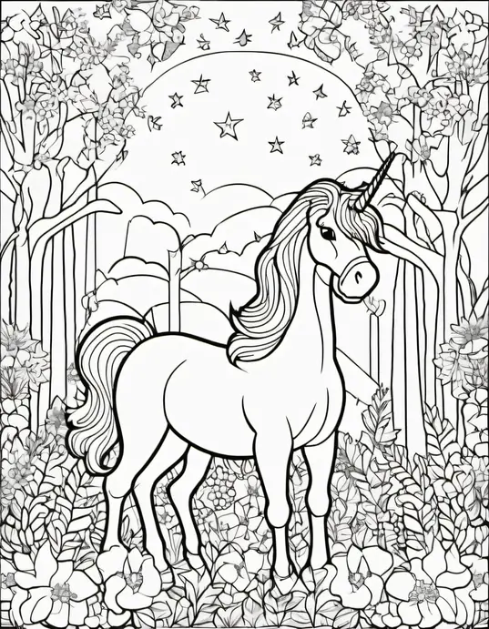 Magical Unicorn Forest Coloring Page for Kids
