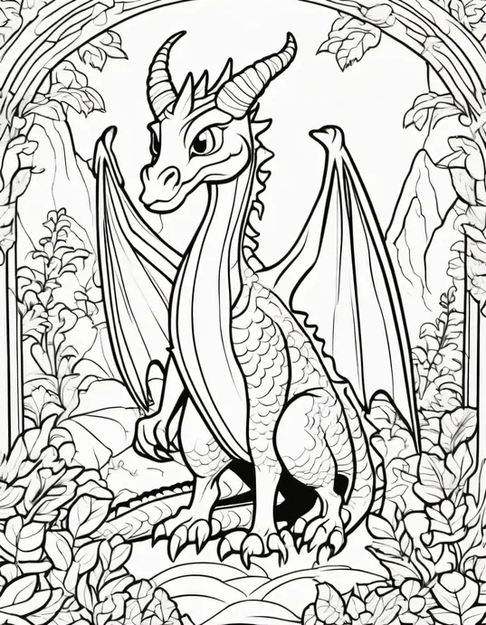 Enchanted Forest Dragon Coloring Scene