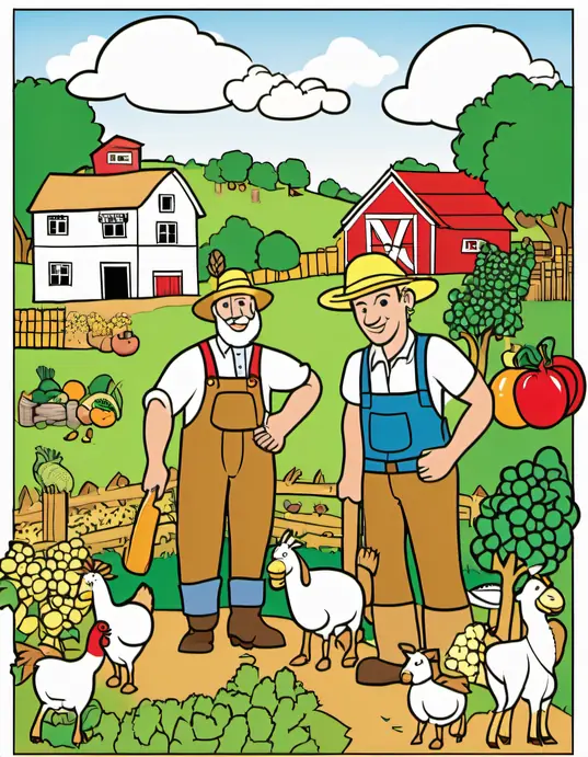 Coloring: Happy Farmers Harvest Fruits and Veggies