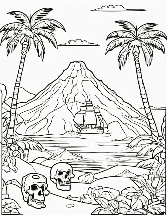 Pirate Treasure Island Coloring Scene for Kids